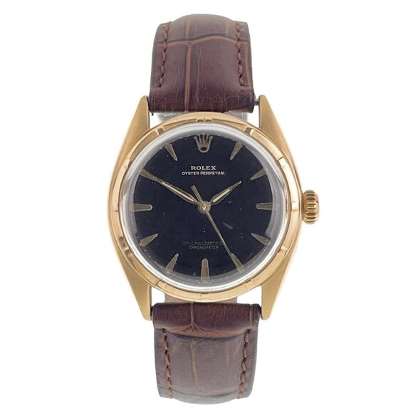 Rolex Oyster Perpetual 14k Gold Black Dial 34mm Automatic Men’s Watch 6084 - Picture 1 of 8